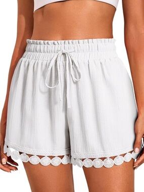 NWT White Smocked Waist Lace-Hem Women's Beach Shorts Medium